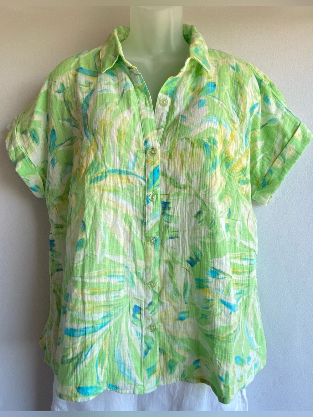 Belle Beach by Kim Gravel Cotton Gauze Camp Shirt, *Gelato* color, Women’s Sz XL